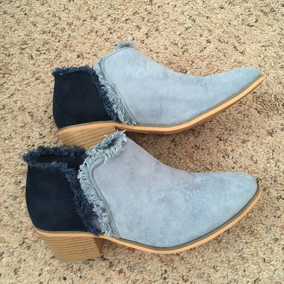 JG Shoes - Two tone denim blue faux suede fringe booties
